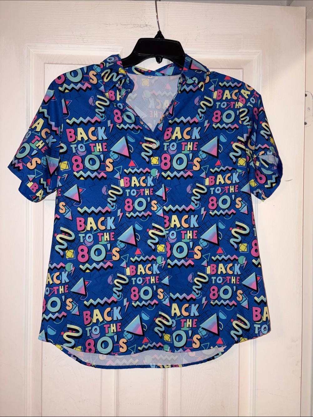 Back to the 80's Graphic Button-Up Shirt - Bright Blue